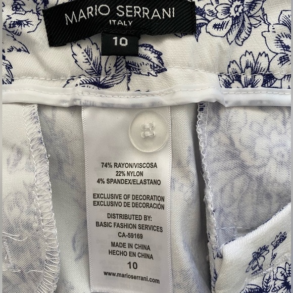 Mario Serrani Stretch White Navy Blue Floral Print Ankle Cropped Trousers Pants - Picture 5 of 6